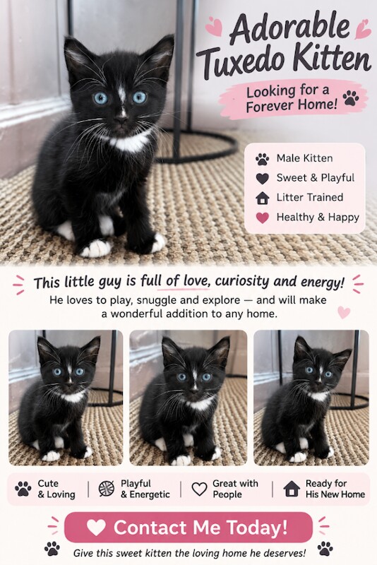 tuxedo kitten is 7 weeks old and is looking for a loving, responsible forever home